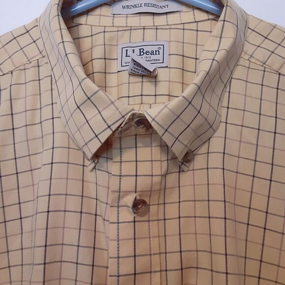 LL Bean Shirt Mens XL Yellow Check Short Sleeve Button Up Wrinkle Resistant - Picture 3 of 7
